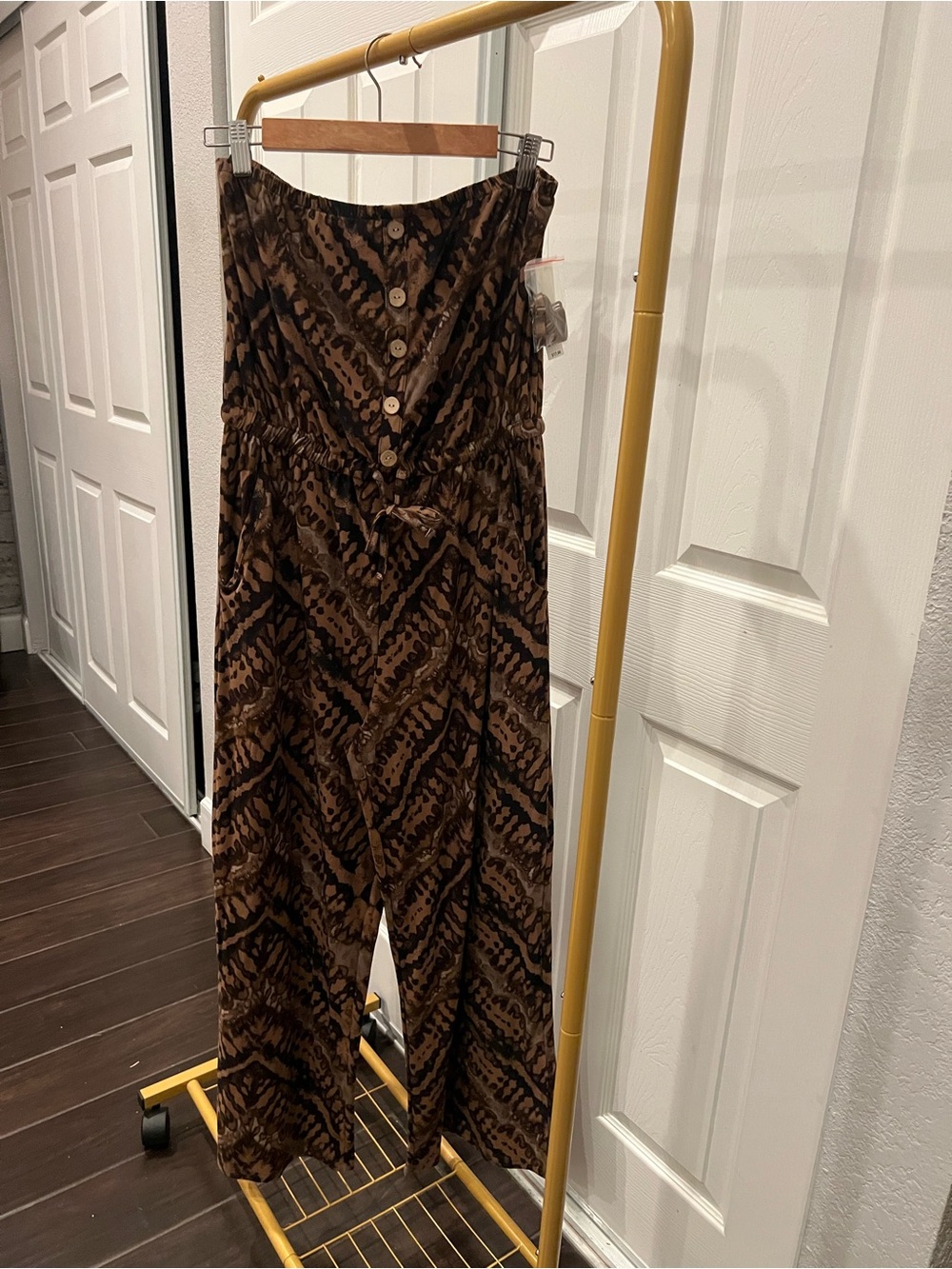 No Boundaries Brown Printed Strapless Jumpsuit with Tie Waist